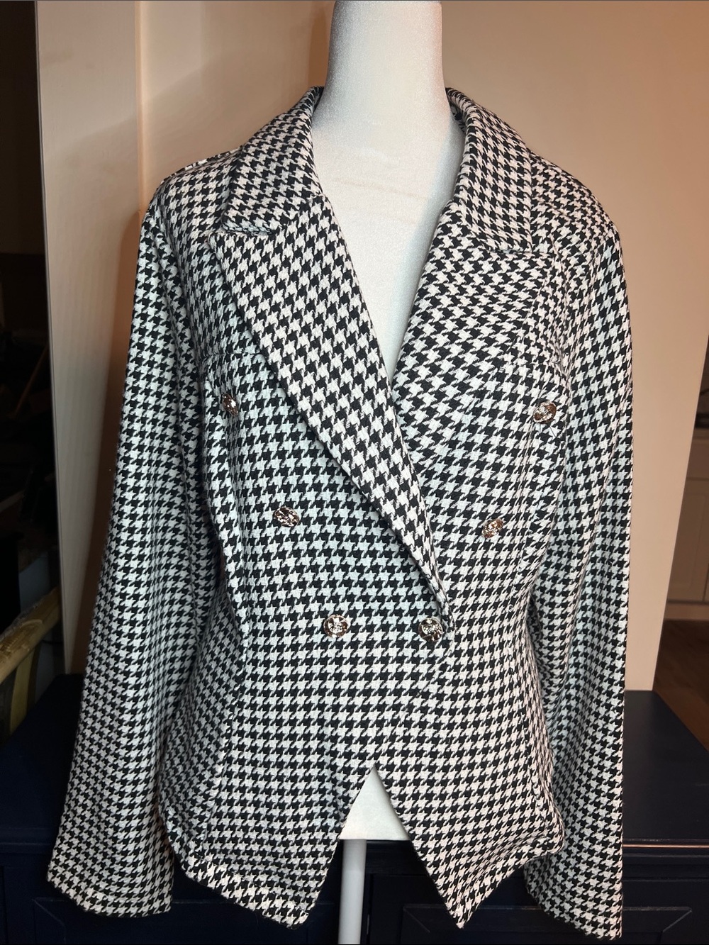 Double-Breasted Houndstooth Blazer Jacket - Black & White Size XL